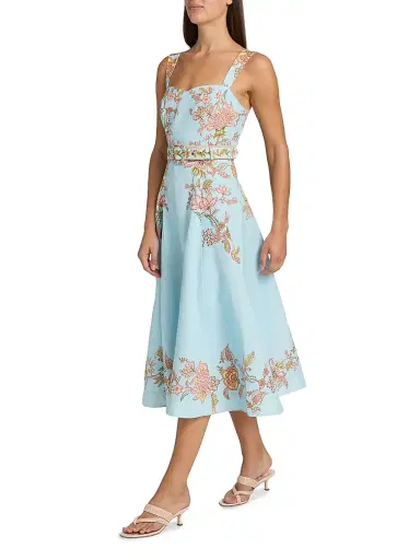 Hemant & Nandita Women's Riah Floral Cotton-Linen Belted Midi-Dress - Blue | Thumbnail 4 Hemant & Nandita Women's Riah Floral Cotton-Linen Belted Midi-Dress - Blue | Thumbnail 4