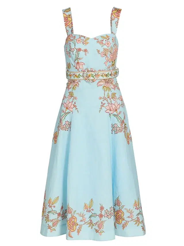 Women's Riah Floral Cotton-Linen Belted Midi-Dress - Blue