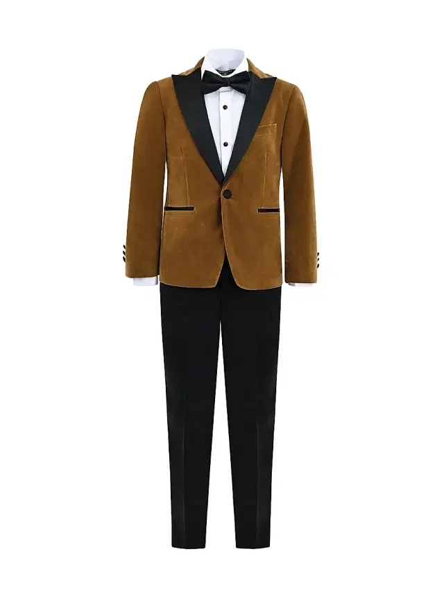 Moustache Little Boy's & Boy's Velvet Suit with Peak Lapel - Brown