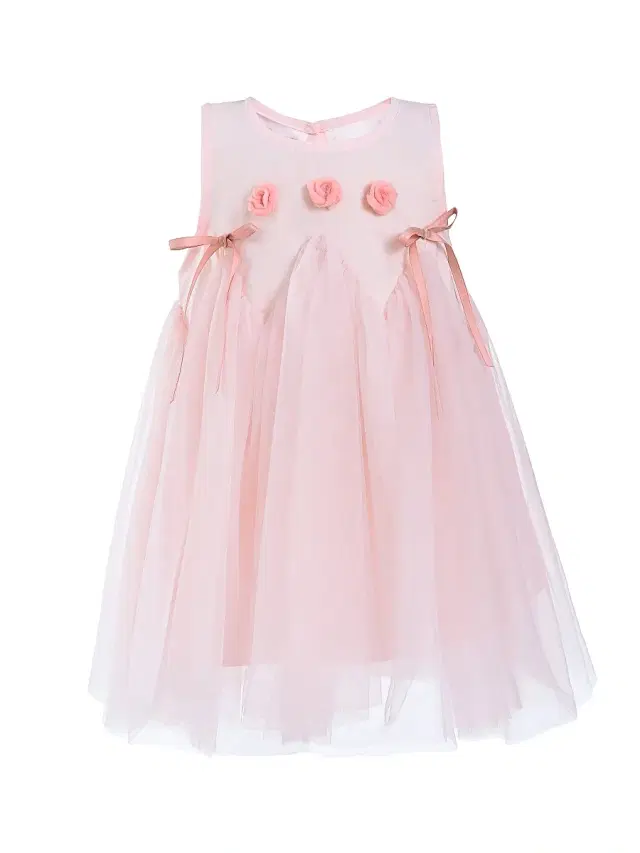 Little Girl's Rose Ribbon Dress - Peach Blush