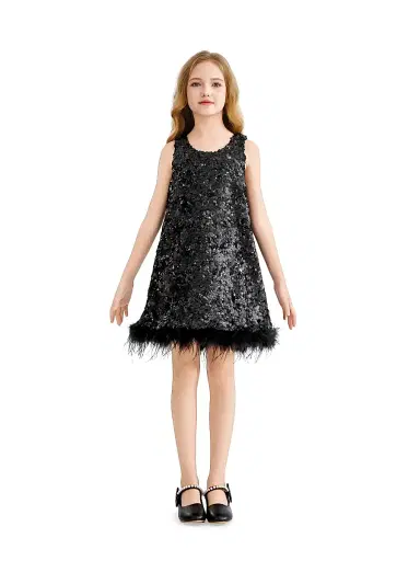 Tulleen Little Girl's & Girl's Sequin Dress with Feather Hem - Black | Thumbnail 3