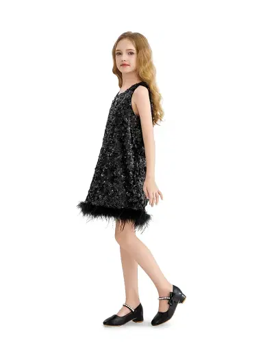 Tulleen Little Girl's & Girl's Sequin Dress with Feather Hem - Black | Thumbnail 4
