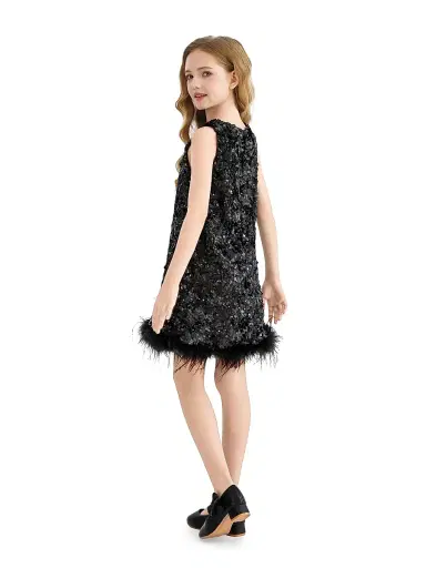 Tulleen Little Girl's & Girl's Sequin Dress with Feather Hem - Black | Thumbnail 5