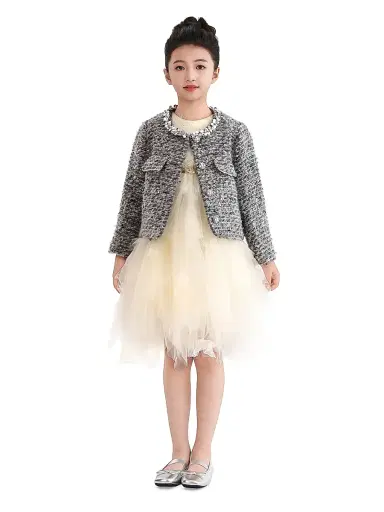 Tulleen Little Girl's & Girl's Bouclé Jewel-Collar Jacket - Grey | Thumbnail 3 Tulleen Little Girl's & Girl's Bouclé Jewel-Collar Jacket - Grey | Thumbnail 3