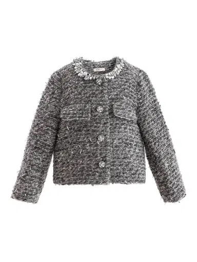 Tulleen Little Girl's & Girl's Bouclé Jewel-Collar Jacket - Grey | Thumbnail 1 Tulleen Little Girl's & Girl's Bouclé Jewel-Collar Jacket - Grey | Thumbnail 1