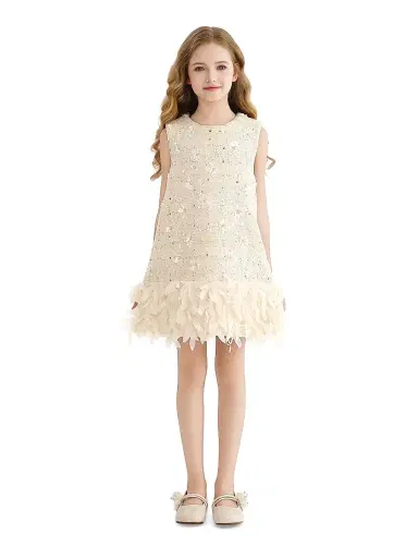Tulleen Little Girl's & Girl's Sequin Feather-Hem Dress - Champagne | Thumbnail 3 Tulleen Little Girl's & Girl's Sequin Feather-Hem Dress - Champagne | Thumbnail 3