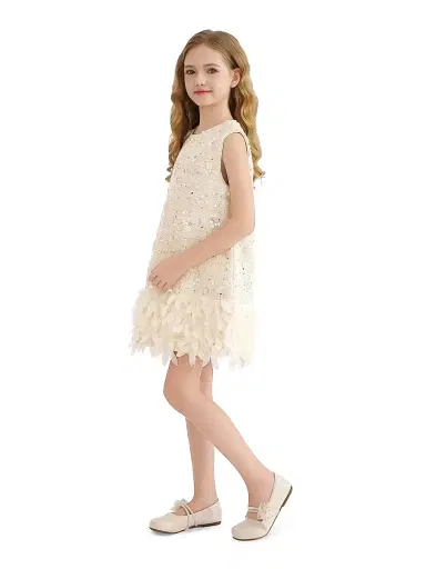 Tulleen Little Girl's & Girl's Sequin Feather-Hem Dress - Champagne | Thumbnail 4 Tulleen Little Girl's & Girl's Sequin Feather-Hem Dress - Champagne | Thumbnail 4