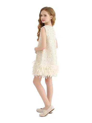 Tulleen Little Girl's & Girl's Sequin Feather-Hem Dress - Champagne | Thumbnail 5 Tulleen Little Girl's & Girl's Sequin Feather-Hem Dress - Champagne | Thumbnail 5