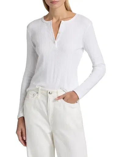 Leset Women's Pointelle Henley-Style Top - White | Thumbnail 3