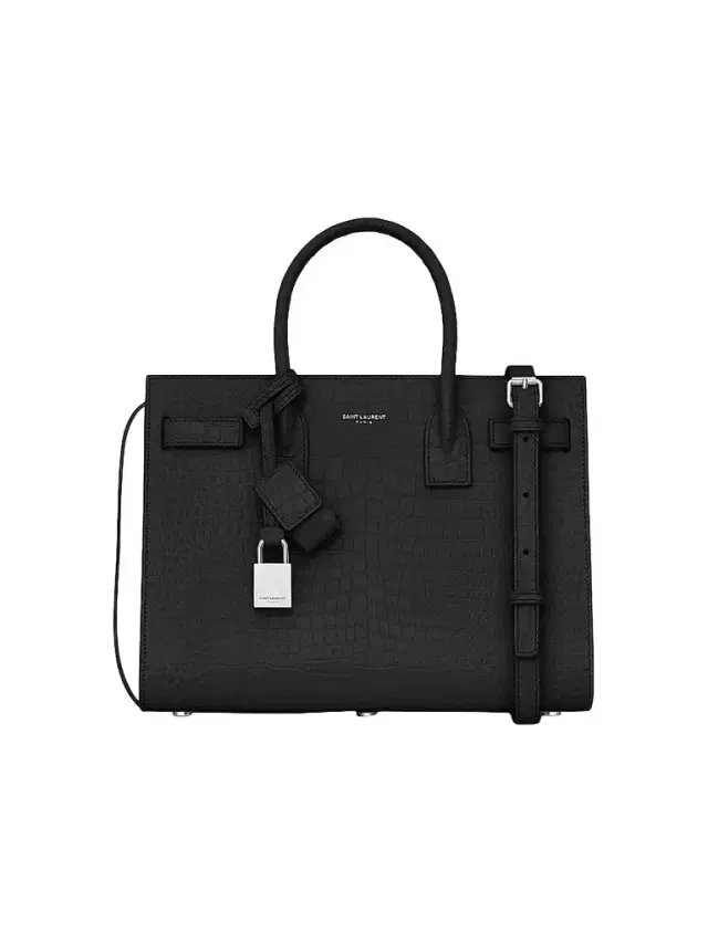Women's Sac De Jour Baby Top Handle Bag In Embossed Crocodile Shiny Leather - Black