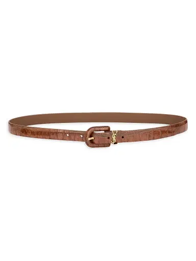 Saint Laurent Women's Cassandre Covered U Buckle Thin Belt in Crocodile-Embossed Leather - Vegetal Brown - Size 26 | Thumbnail 4