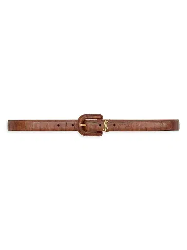 Saint Laurent Women's Cassandre Covered U Buckle Thin Belt in Crocodile-Embossed Leather - Vegetal Brown - Size 26 | Thumbnail 1