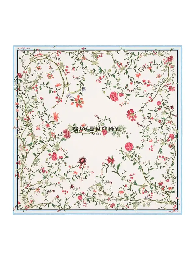 Women's Square Scarf in Silk with Floral Print - Baby Blue White