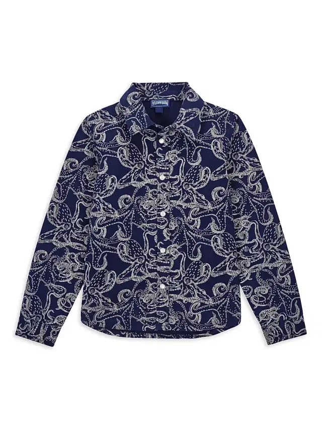 Little Boy's & Boy's Octopus Long-Sleeve Cotton Shirt - Bleu Marine