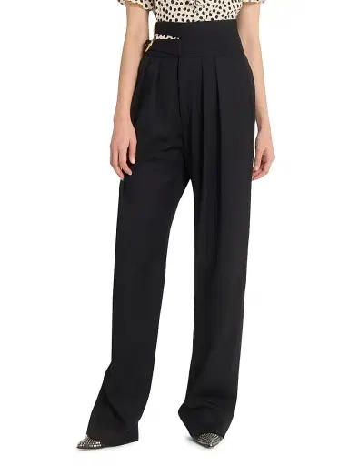 Chloé Women's Pleated Wool Wide-Leg Trousers - Black | Thumbnail 3