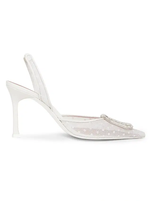 Amina Muaddi Women's Camelia Lace Slingback Pumps - Lace White Polka Dot