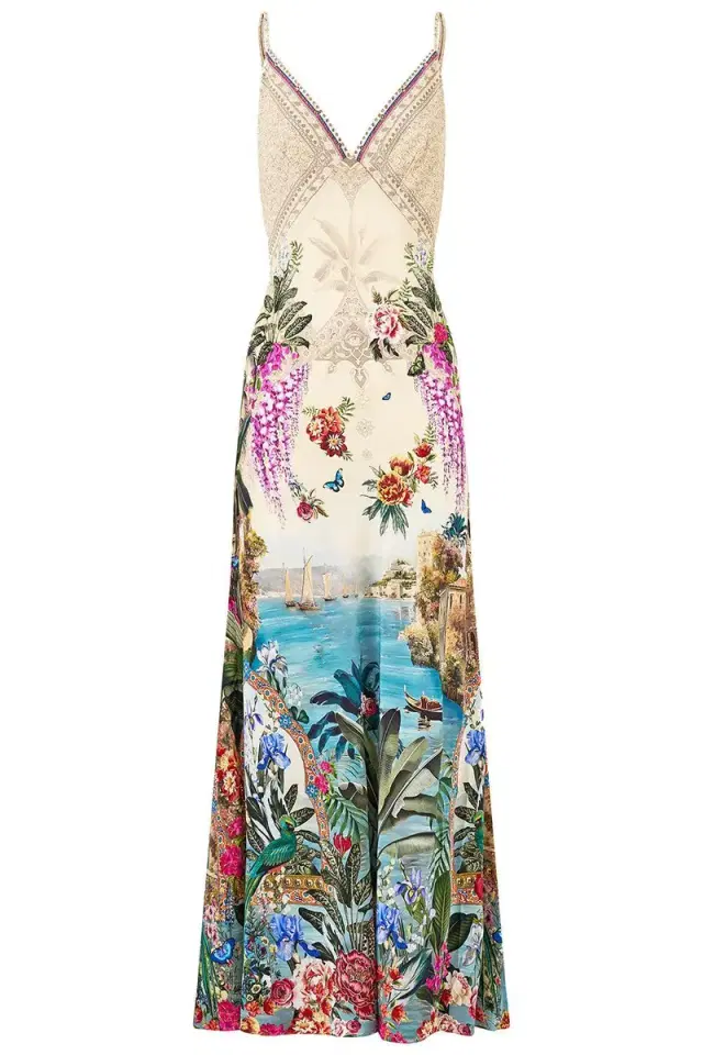 V-Neck Full Length Bias Slip Dress