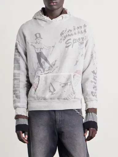SAINT Mxxxxxx Printed Distressed Cotton-Jersey Hoodie - Men | Thumbnail 3