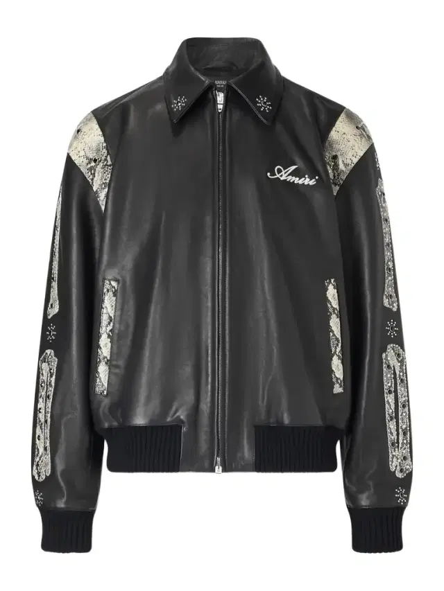 AMIRI Bones Snake-Effect Panelled Studded Logo-Embroidered Leather Jacket - Men