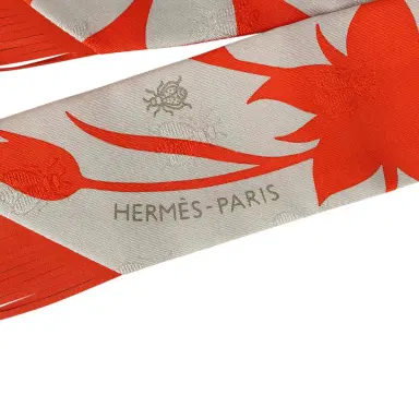 HERMÈS Hermes "Bouquet Final" Gris Perle and Vermillon Fringe Silk Twilly | Thumbnail 3 HERMÈS Hermes "Bouquet Final" Gris Perle and Vermillon Fringe Silk Twilly | Thumbnail 3