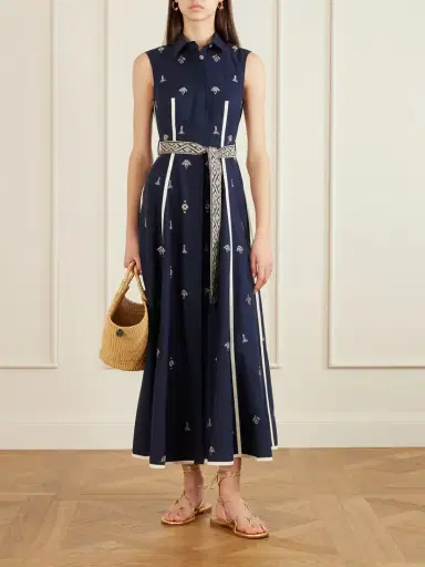 Emporio Sirenuse Belted Embroidered Cotton-poplin Midi Dress | Thumbnail 2 Emporio Sirenuse Belted Embroidered Cotton-poplin Midi Dress | Thumbnail 2