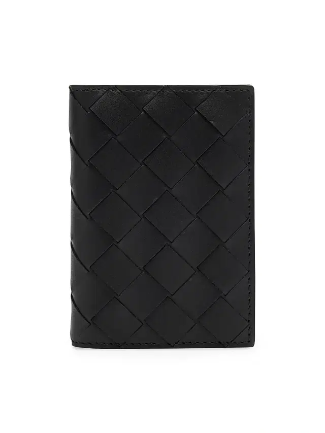 Bottega Veneta Men's Intreciatto Leather Flap Card Case - Black