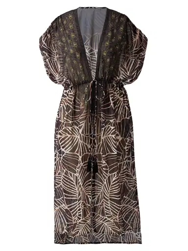 Miraclesuit Swim Women's Lets Be Fronds Leaf-Print Kimono-Style Cover-Up - Black Multi - Size Large | Thumbnail 1