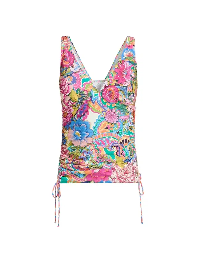 Johnny Was Women's Crispire Print Drawstring Ruched Tankini Top - Crispire
