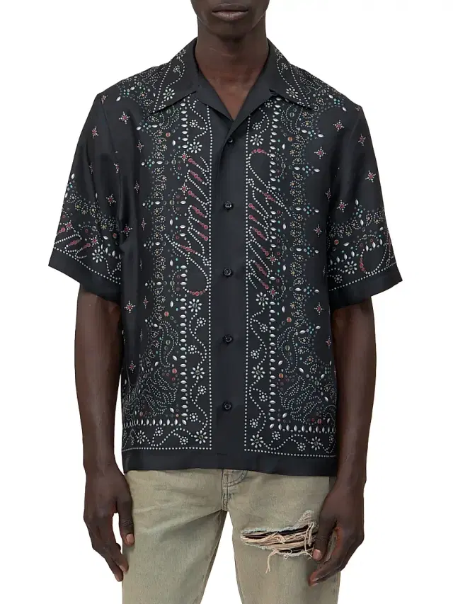 Men's Stud Silk Bowling Shirt - Black Men's Stud Silk Bowling Shirt - Black