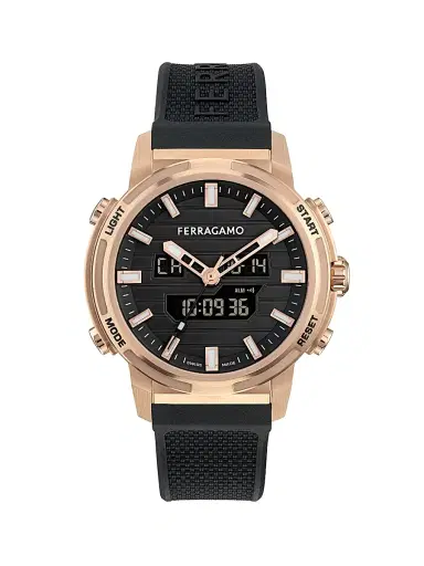 FERRAGAMO Men's Ren Rose Goldtone-Plated & Silicone Strap Watch/43MM - Black With Gold | Thumbnail 1