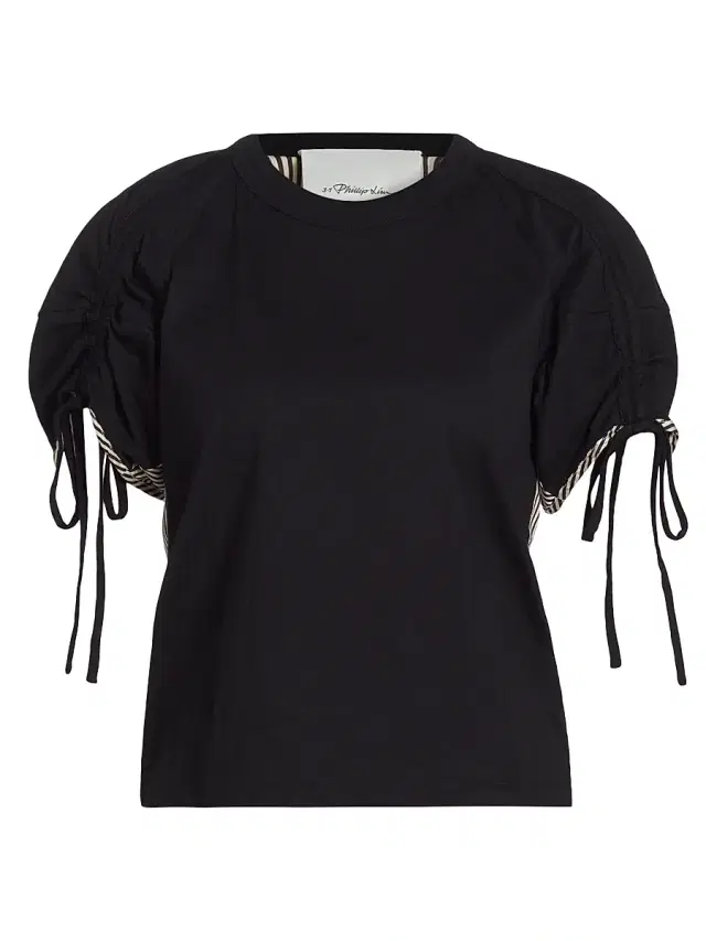 Women's Ruched-Sleeve Cotton T-Shirt - White Black Multi