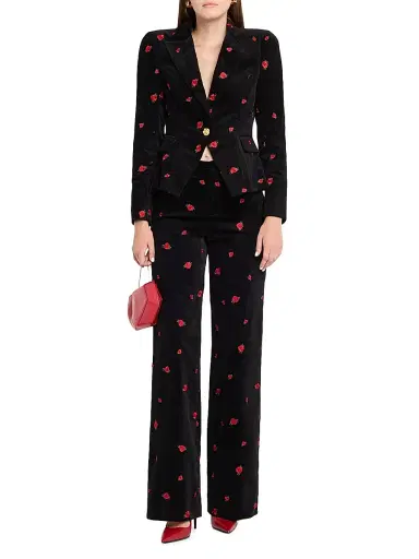 L'AGENCE Women's Livvy Rose-Embroidered Velvet Pants - Black Red Grey | Thumbnail 2