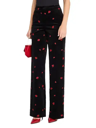 L'AGENCE Women's Livvy Rose-Embroidered Velvet Pants - Black Red Grey | Thumbnail 3
