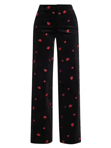 L'AGENCE Women's Livvy Rose-Embroidered Velvet Pants - Black Red Grey | Thumbnail 1