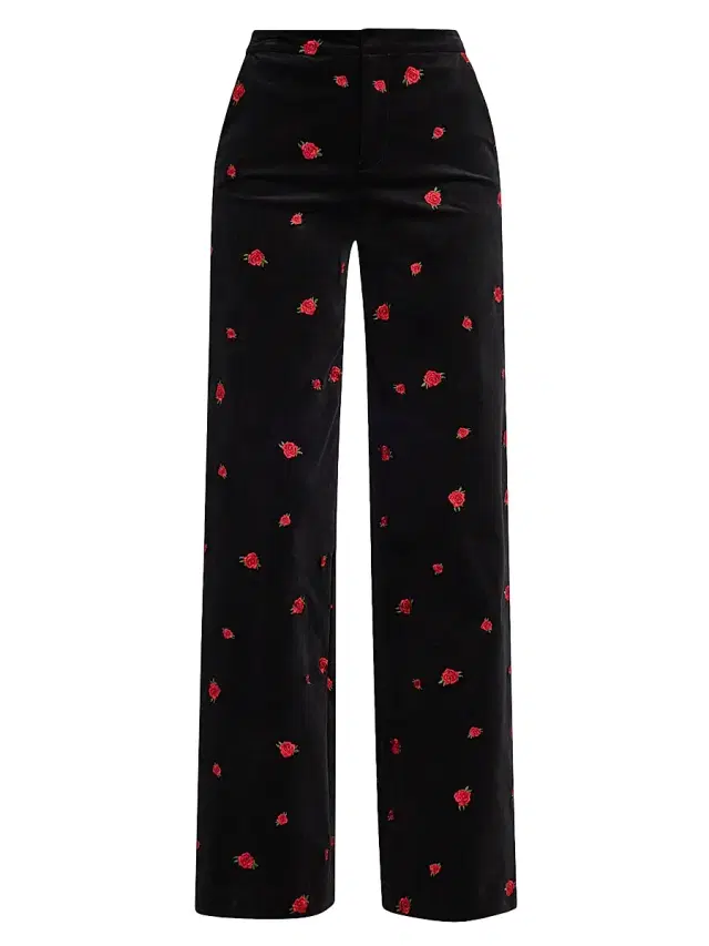 L'AGENCE Women's Livvy Rose-Embroidered Velvet Pants - Black Red Grey