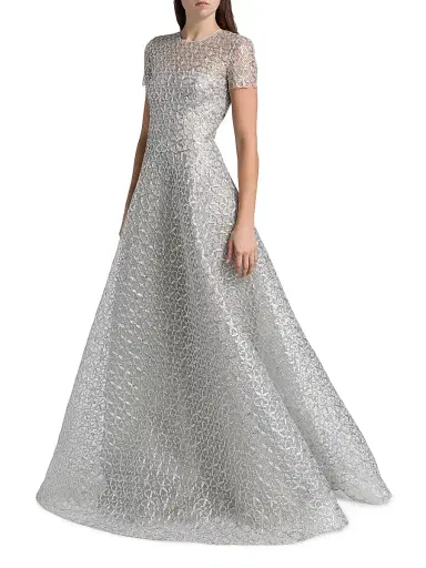 Naeem Khan Women's Metallic Floral Embroidered Short-Sleeve Gown - Silver | Thumbnail 2