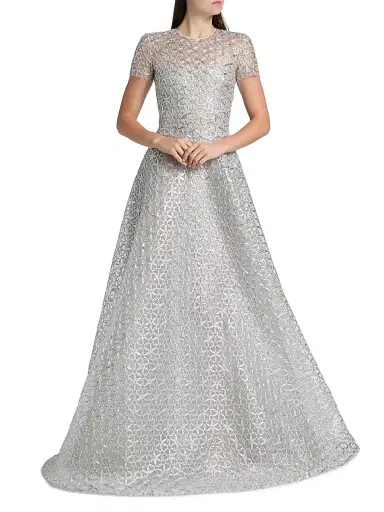 Naeem Khan Women's Metallic Floral Embroidered Short-Sleeve Gown - Silver | Thumbnail 3