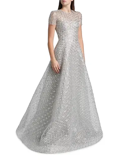 Naeem Khan Women's Metallic Floral Embroidered Short-Sleeve Gown - Silver | Thumbnail 4