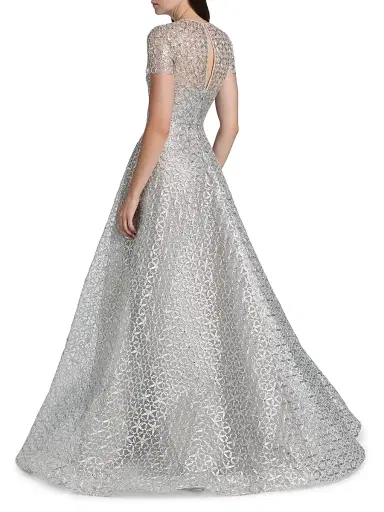 Naeem Khan Women's Metallic Floral Embroidered Short-Sleeve Gown - Silver | Thumbnail 5