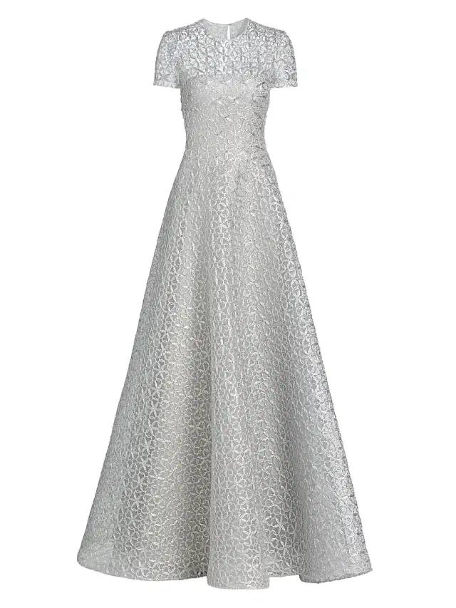 Naeem Khan Women's Metallic Floral Embroidered Short-Sleeve Gown - Silver