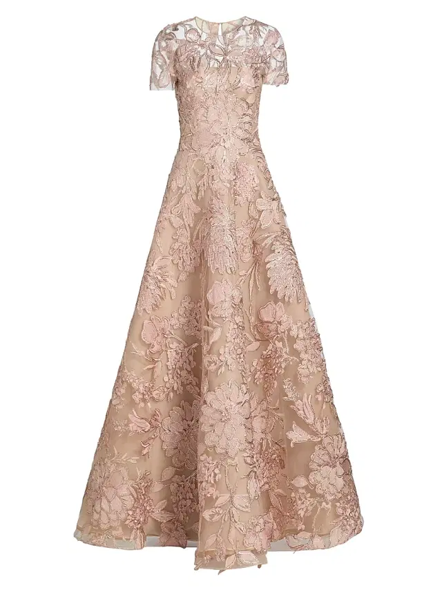 Women's Floral-Embroidered Short-Sleeve Gown - Pink Multi