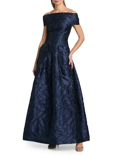 Talbot Runhof Women's Honeydrop Jacquard Off-the-Shoulder Ballgown - Royal Navy - Size 6 | Thumbnail 2