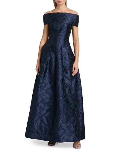 Talbot Runhof Women's Honeydrop Jacquard Off-the-Shoulder Ballgown - Royal Navy - Size 6 | Thumbnail 3