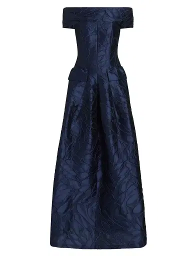 Talbot Runhof Women's Honeydrop Jacquard Off-the-Shoulder Ballgown - Royal Navy - Size 6 | Thumbnail 1