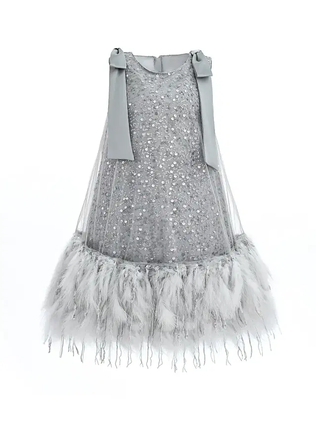 Little Girl's & Girl's Sequin Shoulder Bow Dress - Silver