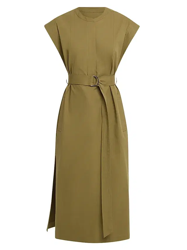 ARGENT Women's Belted Cap-Sleeve Cotton Twill Midi-Dress - Green