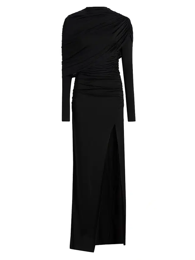 Women's Jersey Ruched Shawl Gown - Black