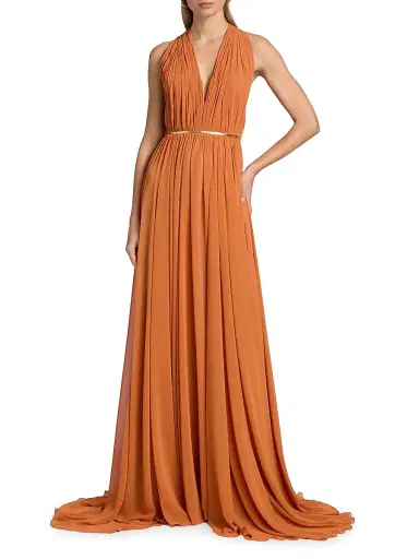 Reem Acra Women's Pleated Chiffon Belted A-Line Gown - Copper Gold - Size 10 | Thumbnail 2 Reem Acra Women's Pleated Chiffon Belted A-Line Gown - Copper Gold - Size 10 | Thumbnail 2