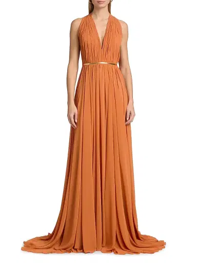 Reem Acra Women's Pleated Chiffon Belted A-Line Gown - Copper Gold - Size 10 | Thumbnail 3 Reem Acra Women's Pleated Chiffon Belted A-Line Gown - Copper Gold - Size 10 | Thumbnail 3
