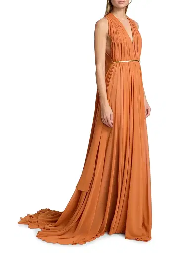 Reem Acra Women's Pleated Chiffon Belted A-Line Gown - Copper Gold - Size 10 | Thumbnail 4 Reem Acra Women's Pleated Chiffon Belted A-Line Gown - Copper Gold - Size 10 | Thumbnail 4